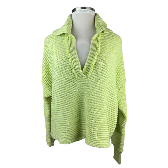 Free People Marlie Slouchy Oversized Sweater Ribbed V-Neck Lime Green Size Large - Picture 2 of 16